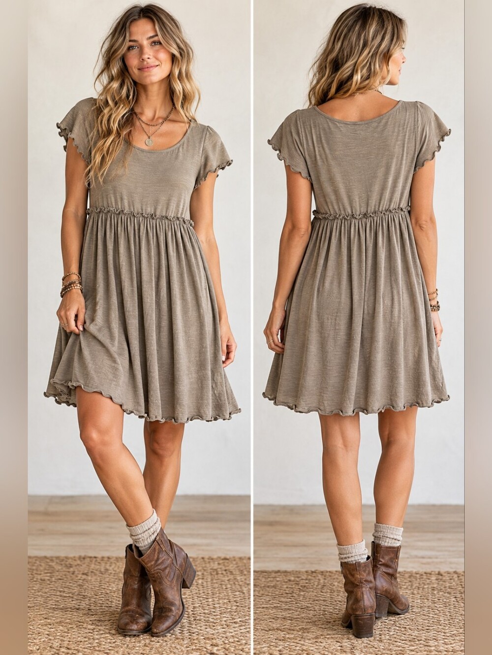 NATURAL LIFE TAUPE COTTON RUFFLE BABYDOLL DRESS SIZE L